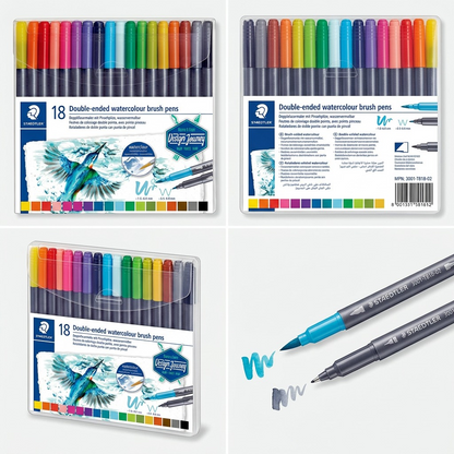A 2x2 grid showing the STAEDTLER set: front, back, 3/4 angle view, and individual pens with tips.