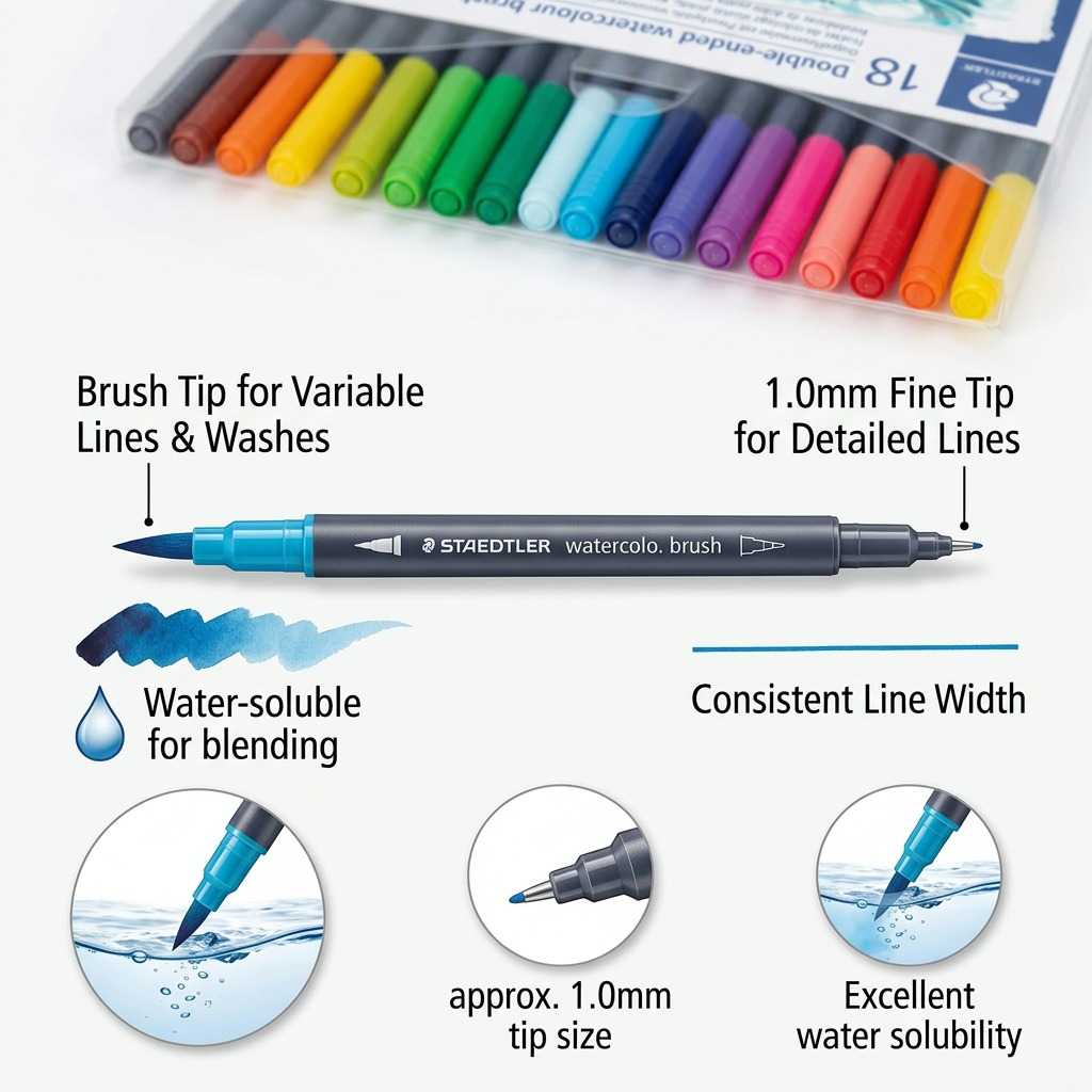 A detailed diagram of a STAEDTLER Double-ended watercol. brush pen, with labels for the brush tip and the fine tip, plus an illustration of a water-blend effect.