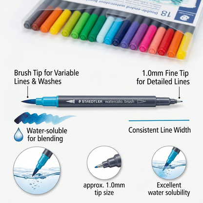 A detailed diagram of a STAEDTLER Double-ended watercol. brush pen, with labels for the brush tip and the fine tip, plus an illustration of a water-blend effect.