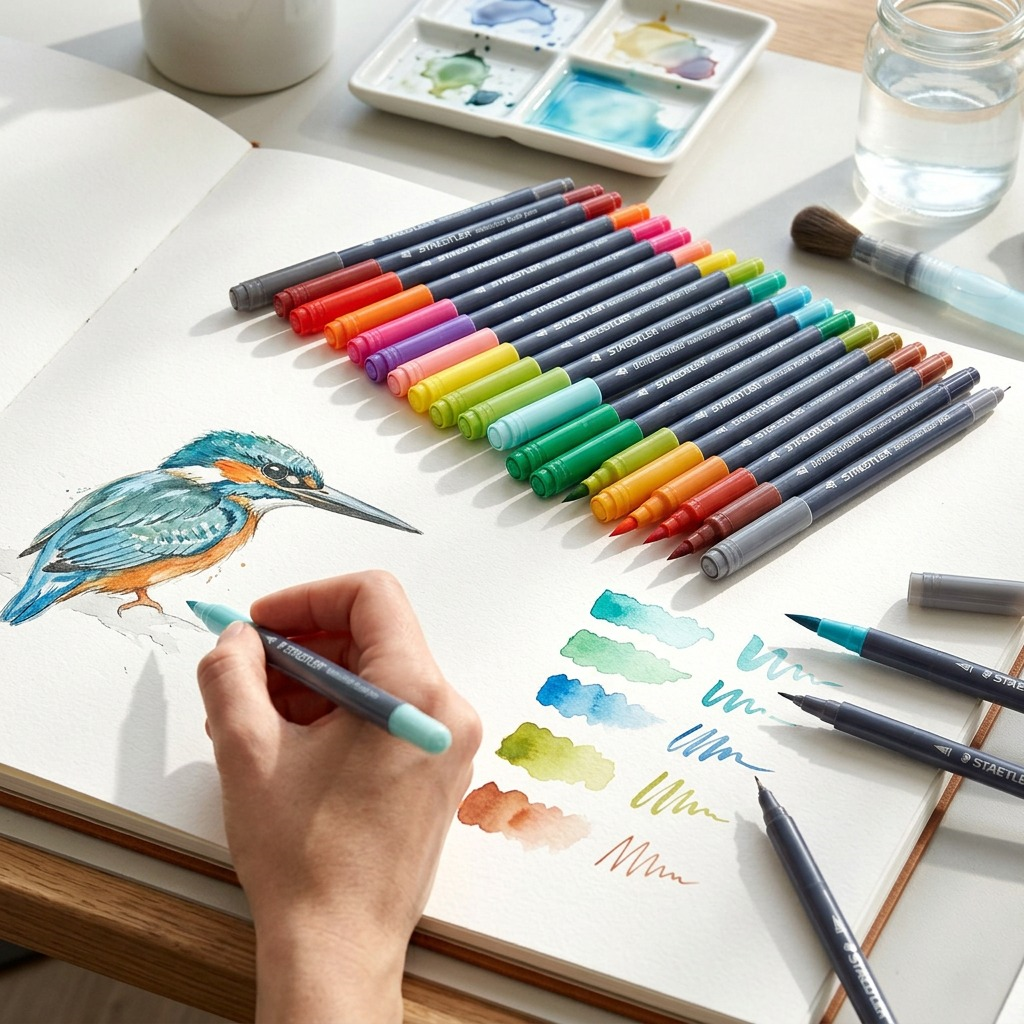 Lifestyle visual of a full set of 18 double-ended watercolor brush pens loosely arranged on an watercolor sketchbook, with painted swatches.