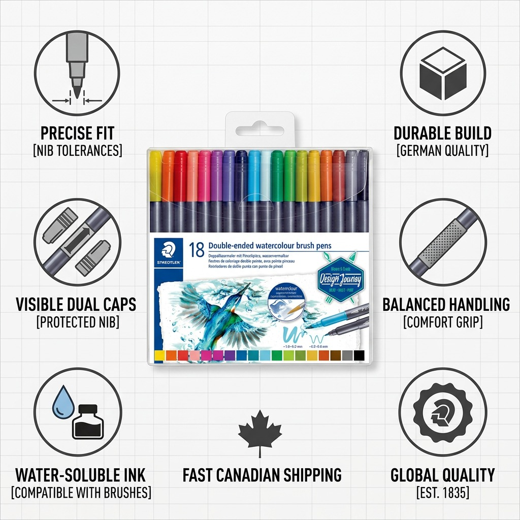 Infographic matrix for STAEDTLER watercolours highlighting features and fast Canadian shipping.