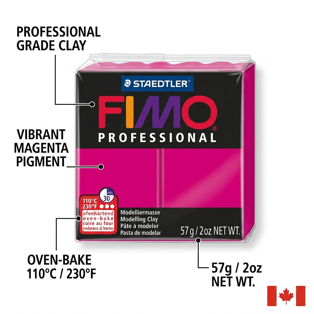 Feature graphic callout image for FIMO Professional Magenta clay, highlighting key product attributes.