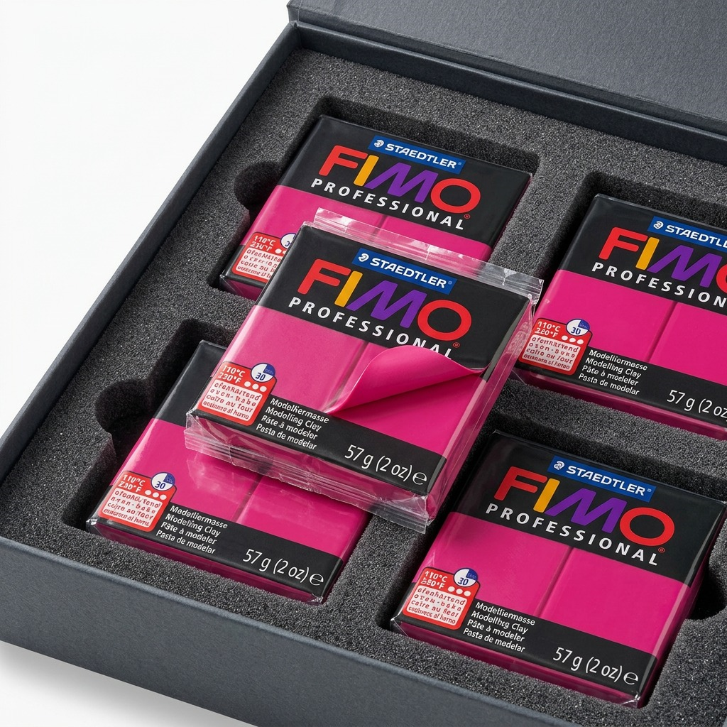 Multiple blocks of FIMO Professional True Magenta modeling clay securely packed in a protective dark foam-lined case.