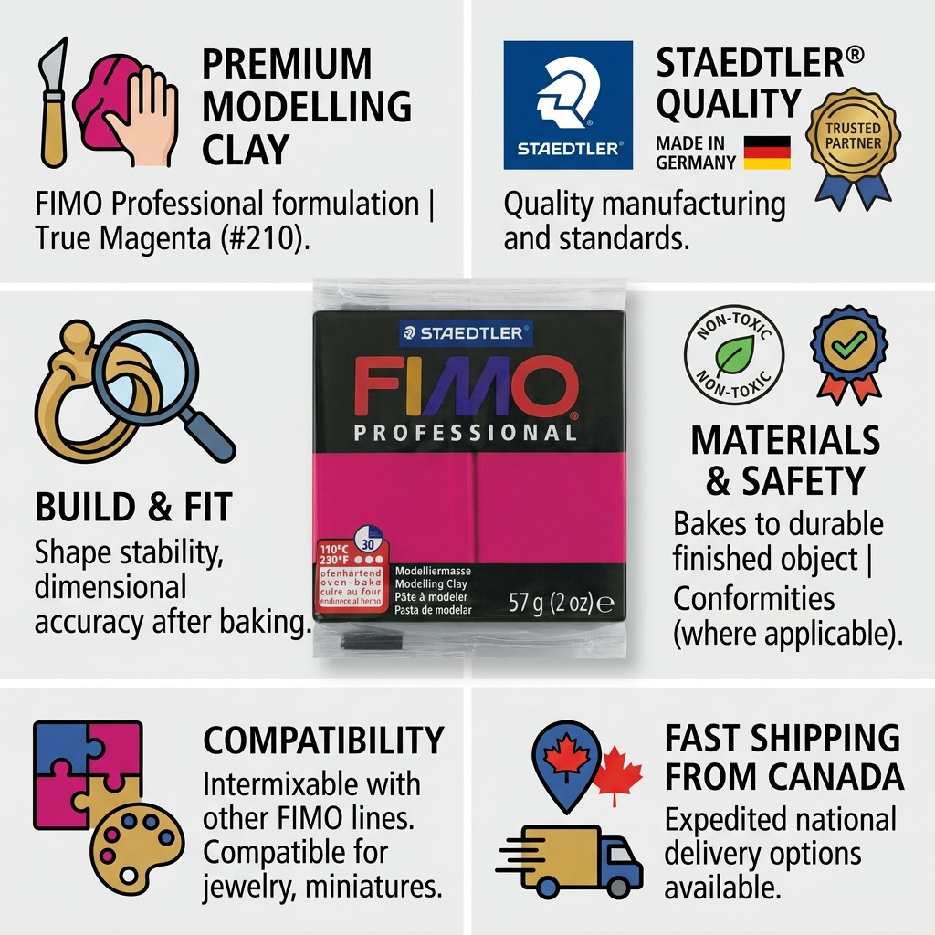 PDP visual matrix infographic with STAEDTLER FIMO True Magenta clay and trust-building icons.