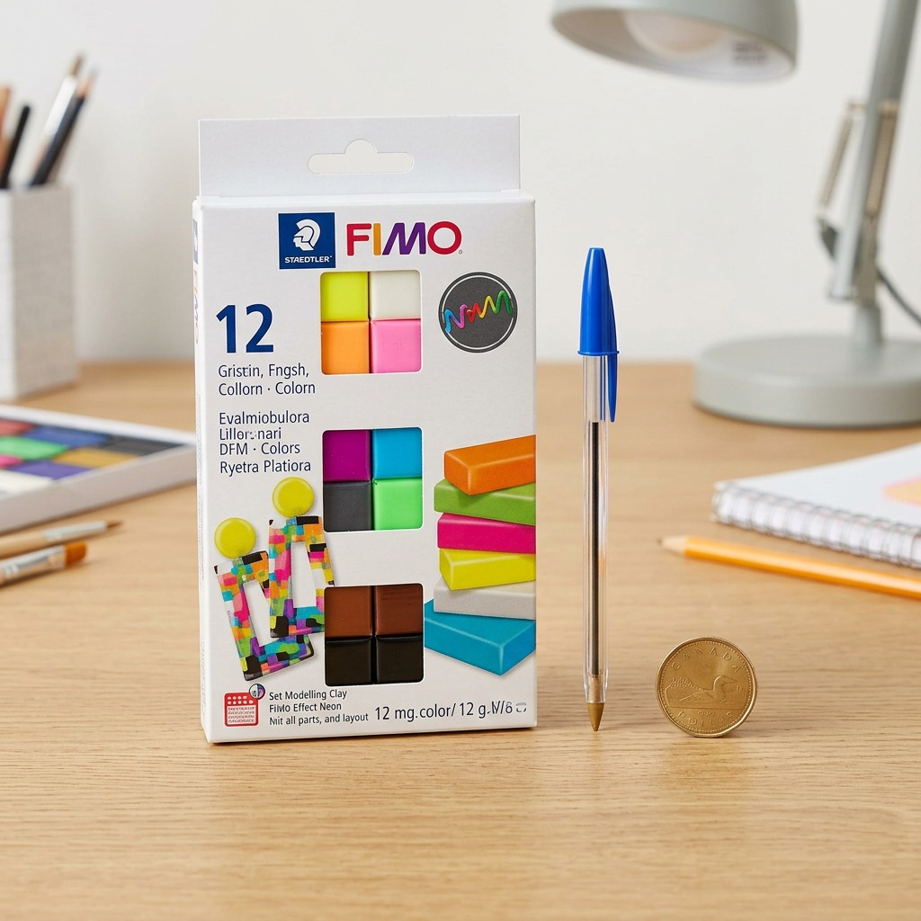 A photographic scale-comparison showing the STAEDTLER Fimo Effect Neon 12-Pack, a coin, and a pen on a desk.