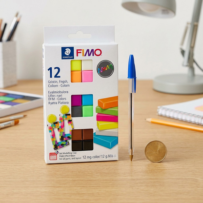 A photographic scale-comparison showing the STAEDTLER Fimo Effect Neon 12-Pack, a coin, and a pen on a desk.