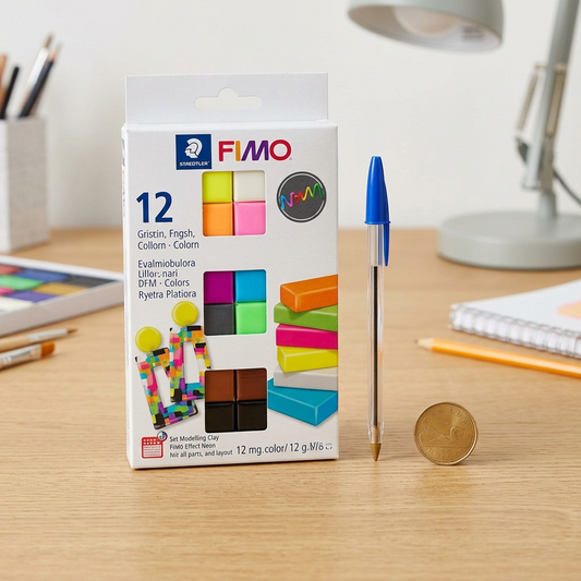 A photographic scale-comparison showing the STAEDTLER Fimo Effect Neon 12-Pack, a coin, and a pen on a desk.
