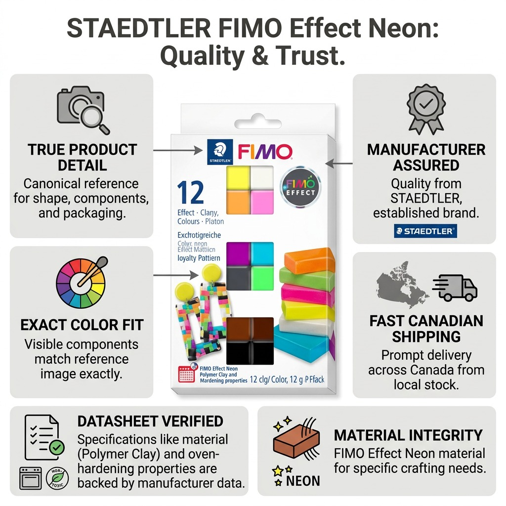 Infographic matrix for STAEDTLER FIMO Effect Neon clay, detailing quality, trust, and Canadian shipping.