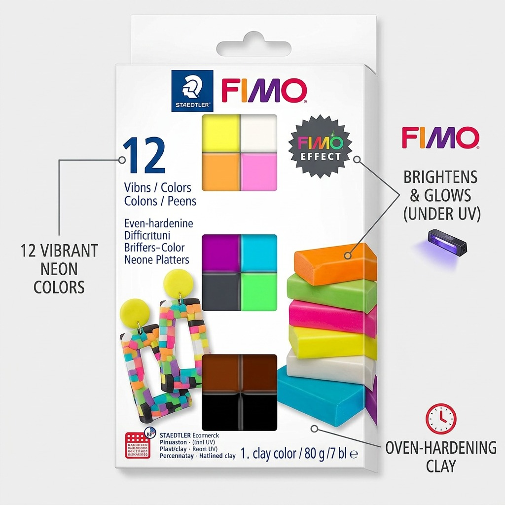 A PDP product matrix graphic for STAEDTLER Fimo Effect Neon (image_0.png) with minimal overlay callouts. Clean lines point to features like 'OVEN-HARDENING CLAY' and '12 VIBRANT NEON COLORS'. Realistic lighting against a neutral background. Factual, concise summary.