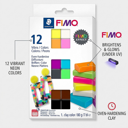 A PDP product matrix graphic for STAEDTLER Fimo Effect Neon (image_0.png) with minimal overlay callouts. Clean lines point to features like 'OVEN-HARDENING CLAY' and '12 VIBRANT NEON COLORS'. Realistic lighting against a neutral background. Factual, concise summary.
