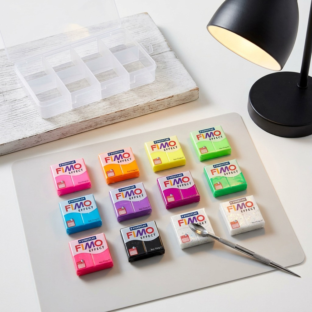 An overhead photograph displays twelve rectangular blocks of vibrant neon FIMO Effect polymer clay resting neatly in rows on a light gray craft mat. A steel-blade sculpting tool is positioned near the corner of one white block. To the upper left, an open, empty clear plastic organizer sits on a whitewashed wooden table, next to a black desk lamp. The scene is illuminated by soft, natural daylight.