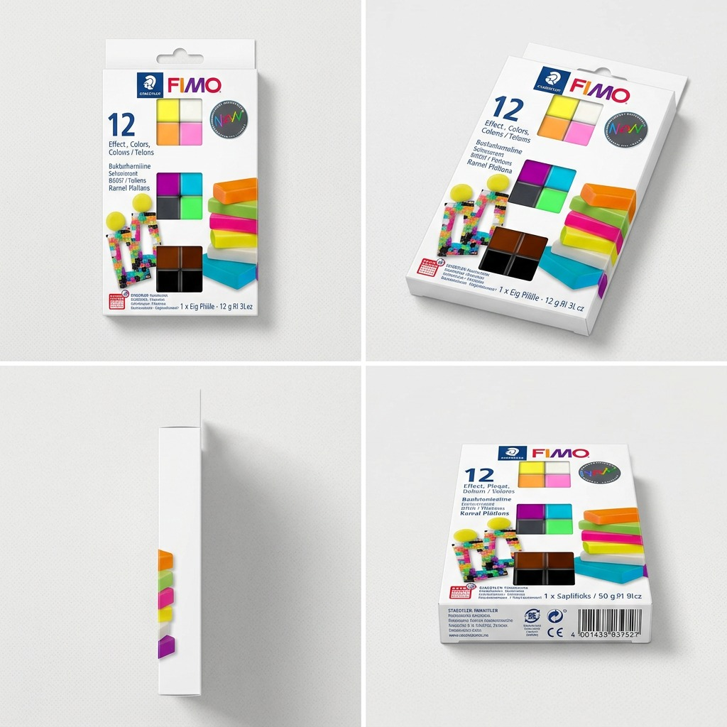 A product matrix showcasing the STAEDTLER Fimo Effect Neon kit in four views: front, side, angled, and top.