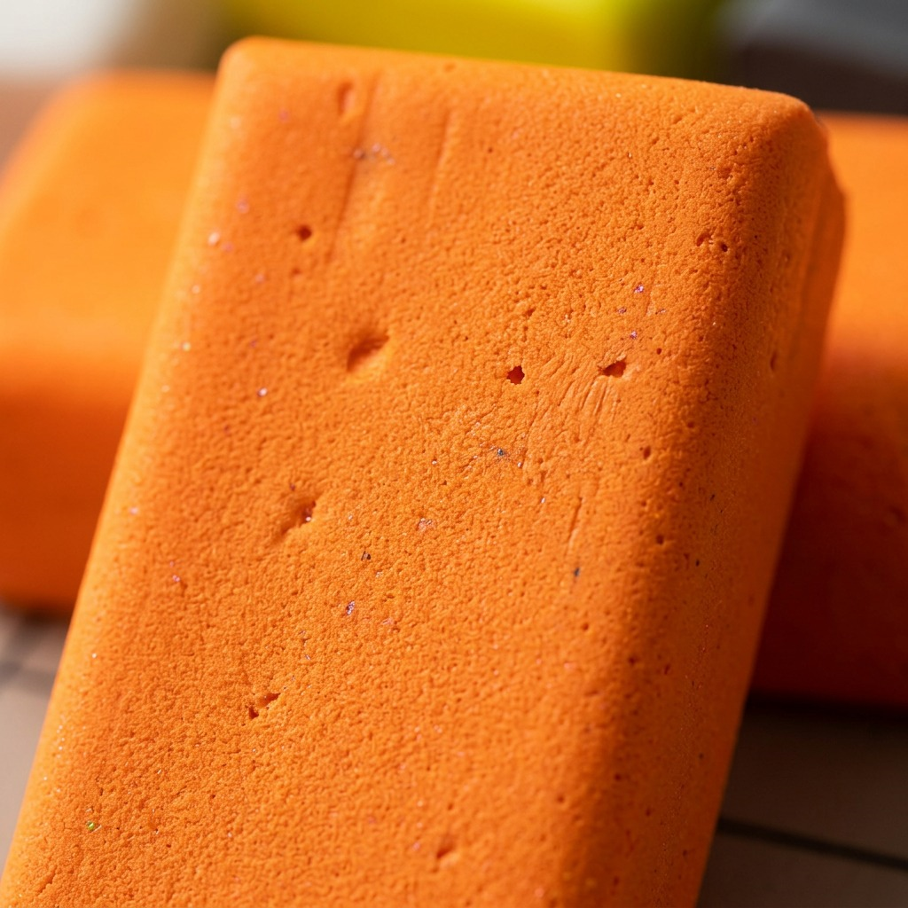 An extreme macro photograph of the vibrant, granular texture and soft, malleable surface of a STAEDTLER Fimo Effect Neon clay block, showing the intense neon orange pigment under precise product-led lighting.