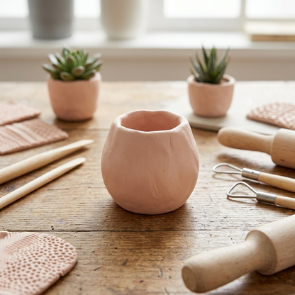 A block of pale pink STAEDTLER FIMOair 1kg modelling clay being sculpted into a small vase on a wooden table. Natural daylight condition.