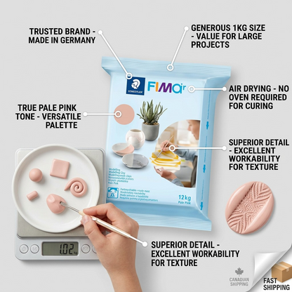 Feature callout image for STAEDTLER Fimoair 1kg Pale Pink, illustrating key benefits like lightweight material, vast 1kg value, and versatile application.