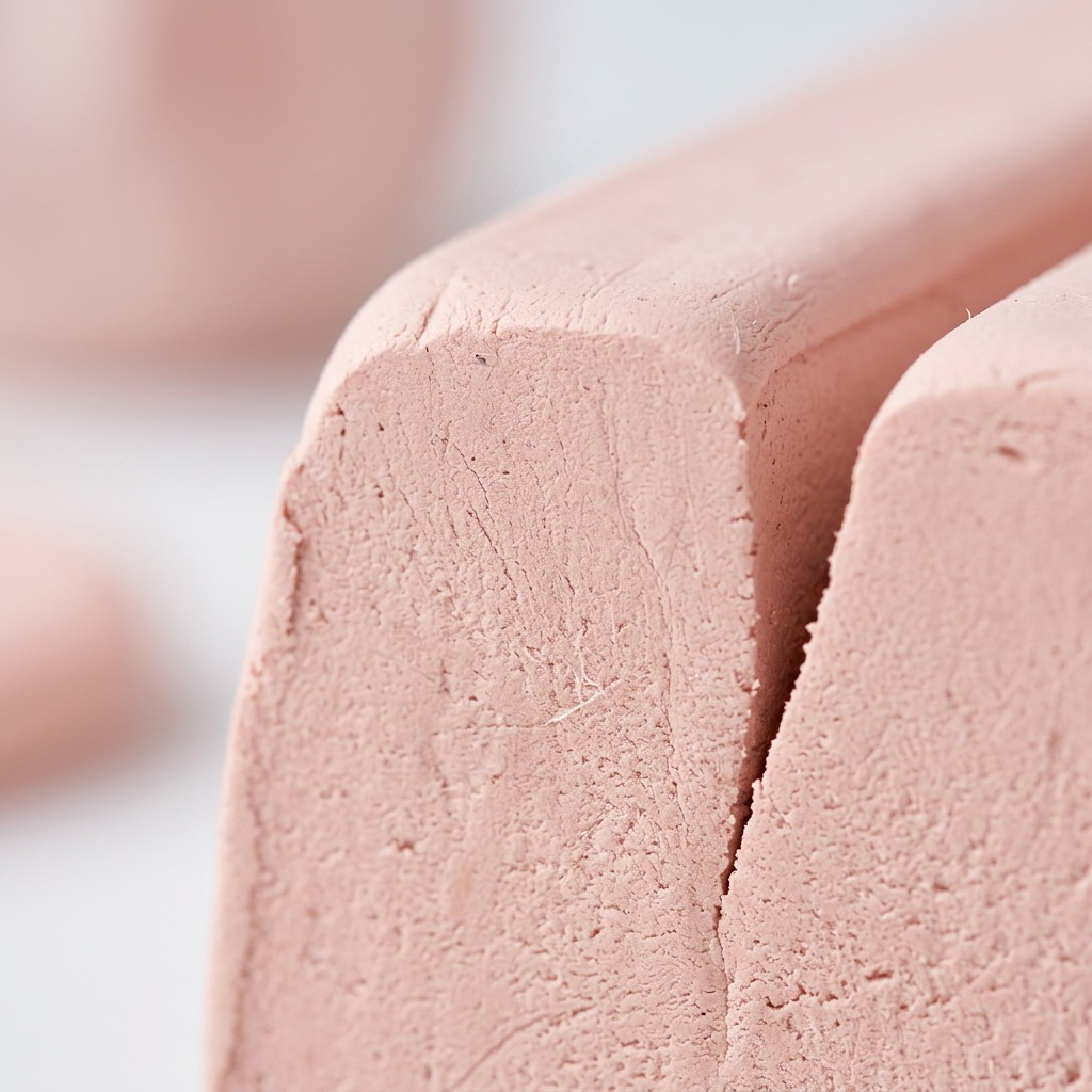 Macro view of segmented pale pink clay, revealing soft texture, fine fibers, and cut edges.