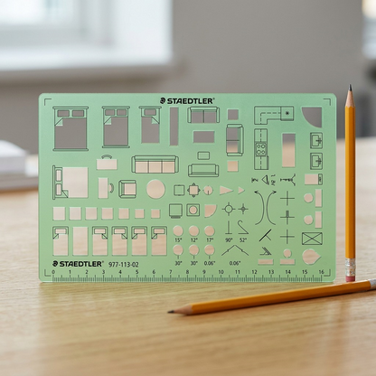 A photo of the Staedtler architect template on a wooden desk next to a standard yellow pencil.