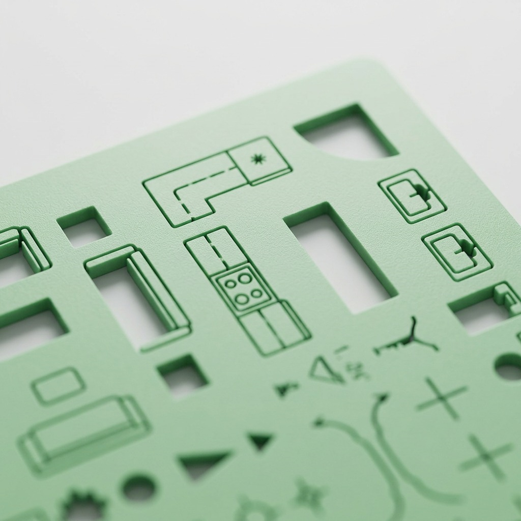 Macro photo detail: Precision-cut edge of the light green template showing furniture symbols.