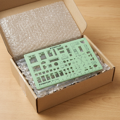 A STAEDTLER home planning template in protective bubble wrap, resting in an unboxed shipping container.