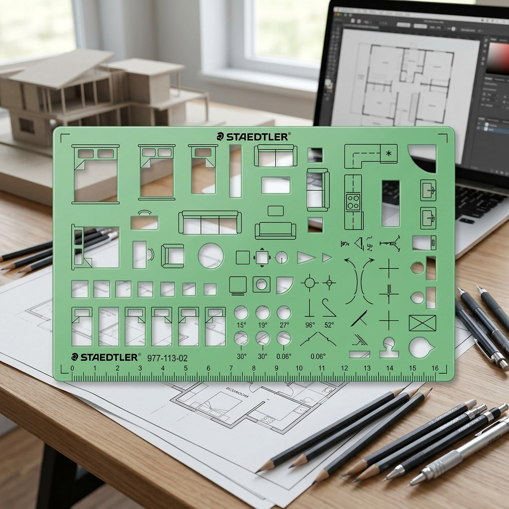A lifestyle photo showing the Staedtler architecture template on a drafting table.
