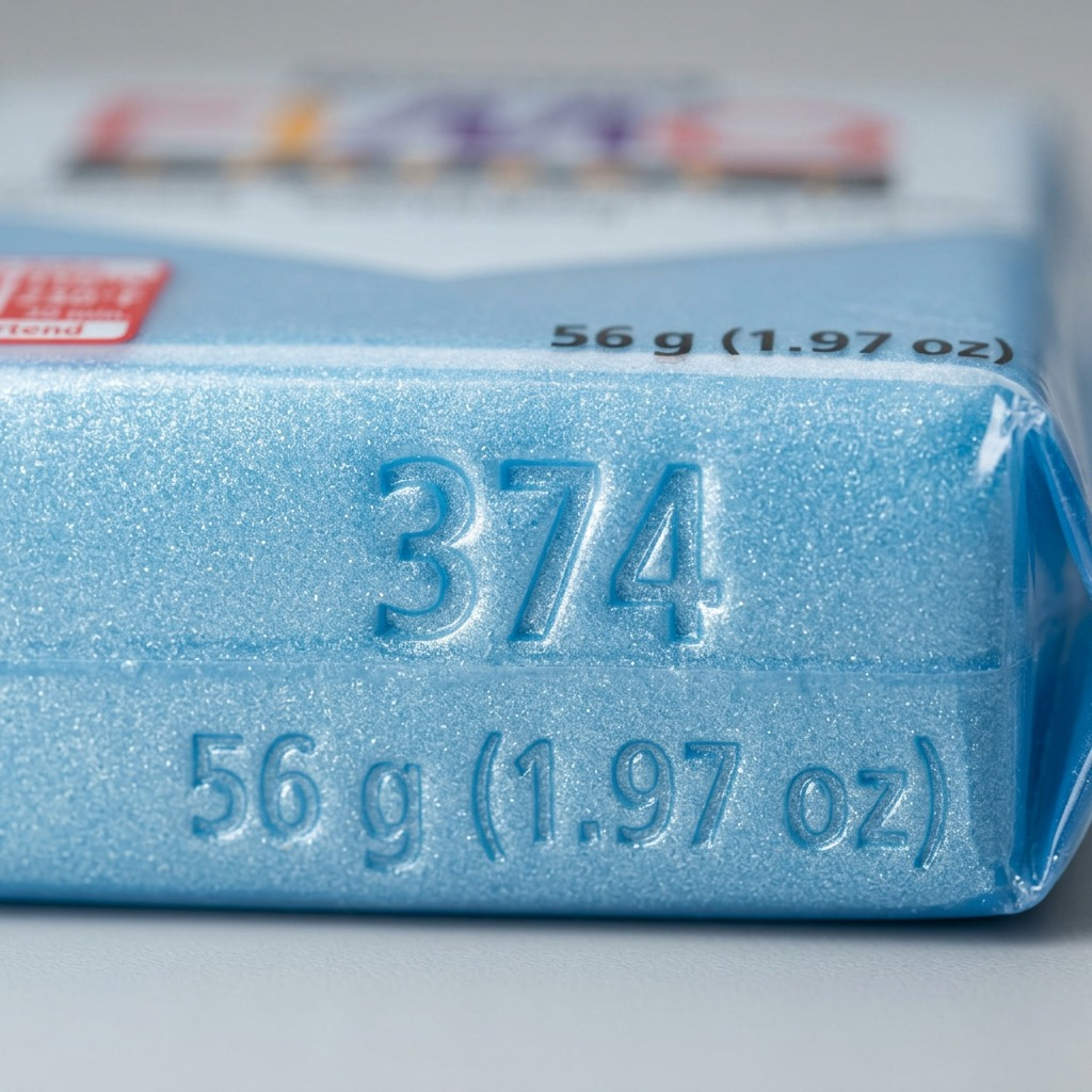 A close-up, macro inspect image of a Fimo Effect block showing a speckled, light-blue texture under fine light and a tiny, indented numeric mark '374'.