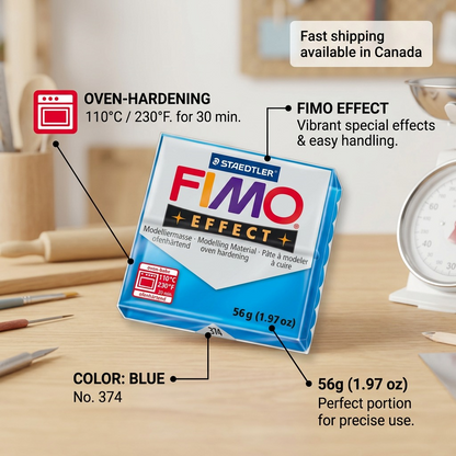 An operational feature callout visual for 56g FIMO Effect Blue clay, detailing temperature, weight, and use.