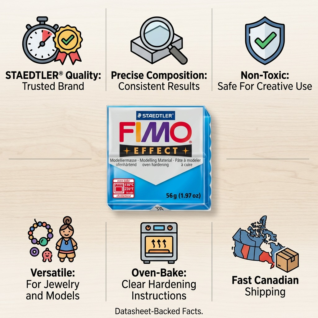 A product value matrix infographic for STAEDTLER Fimo Effect blue clay, showing key benefits.