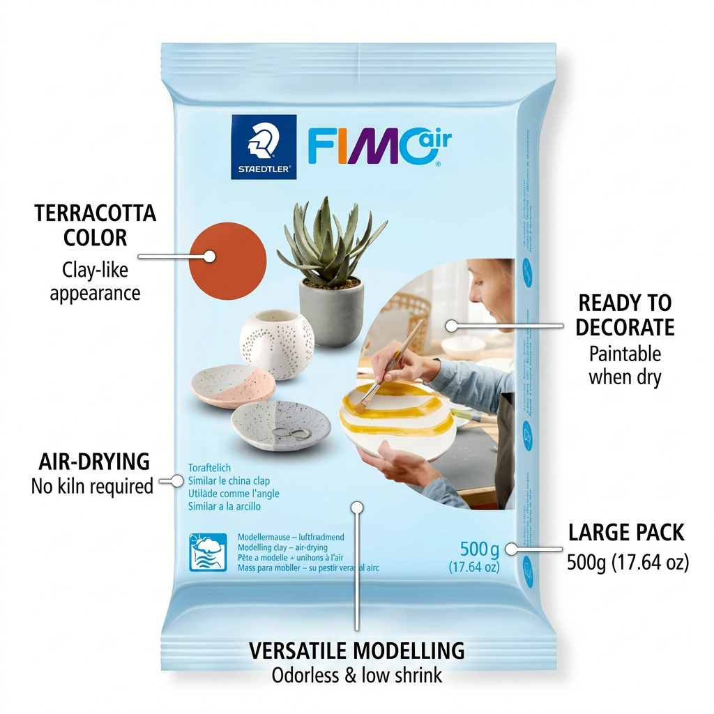 A factual feature callout infographic for Fimoair Terracotta clay, showcasing key benefits like air-drying and large capacity.