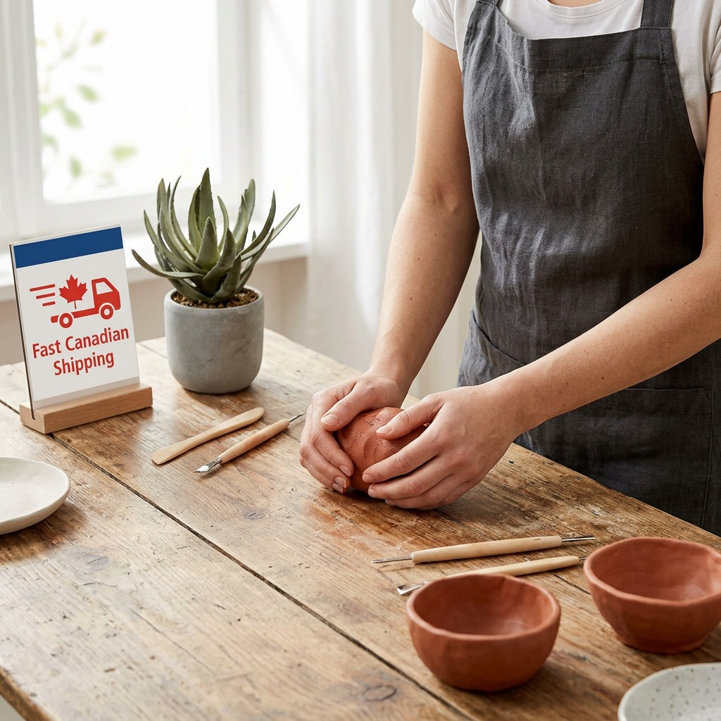 A photo of a person sculpting with a large block of terracotta FIMOair on a wood table, showing realistic texture and unfinished crafts, with Canadian shipping details on a nearby display.