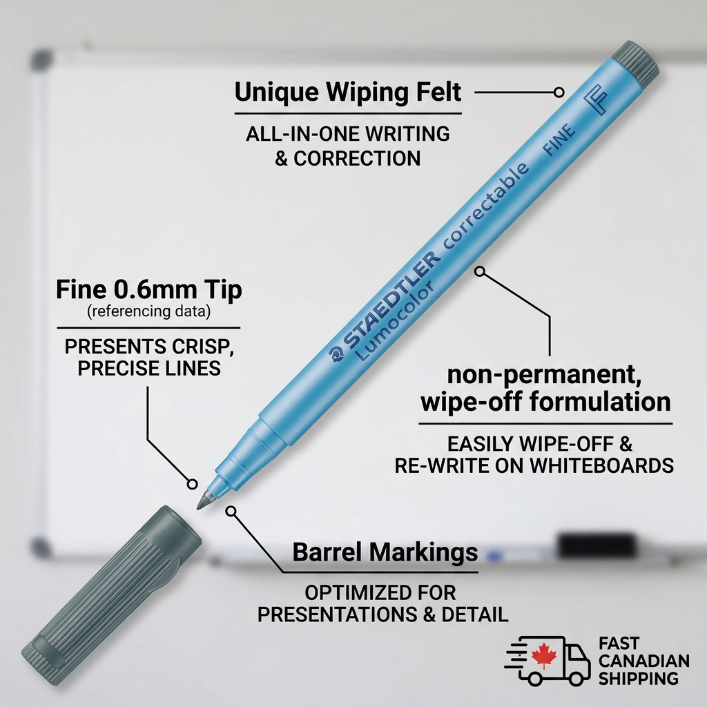 A feature callout graphic detailing the writing and correction capabilities of the STAEDTLER Lumocolor maker.