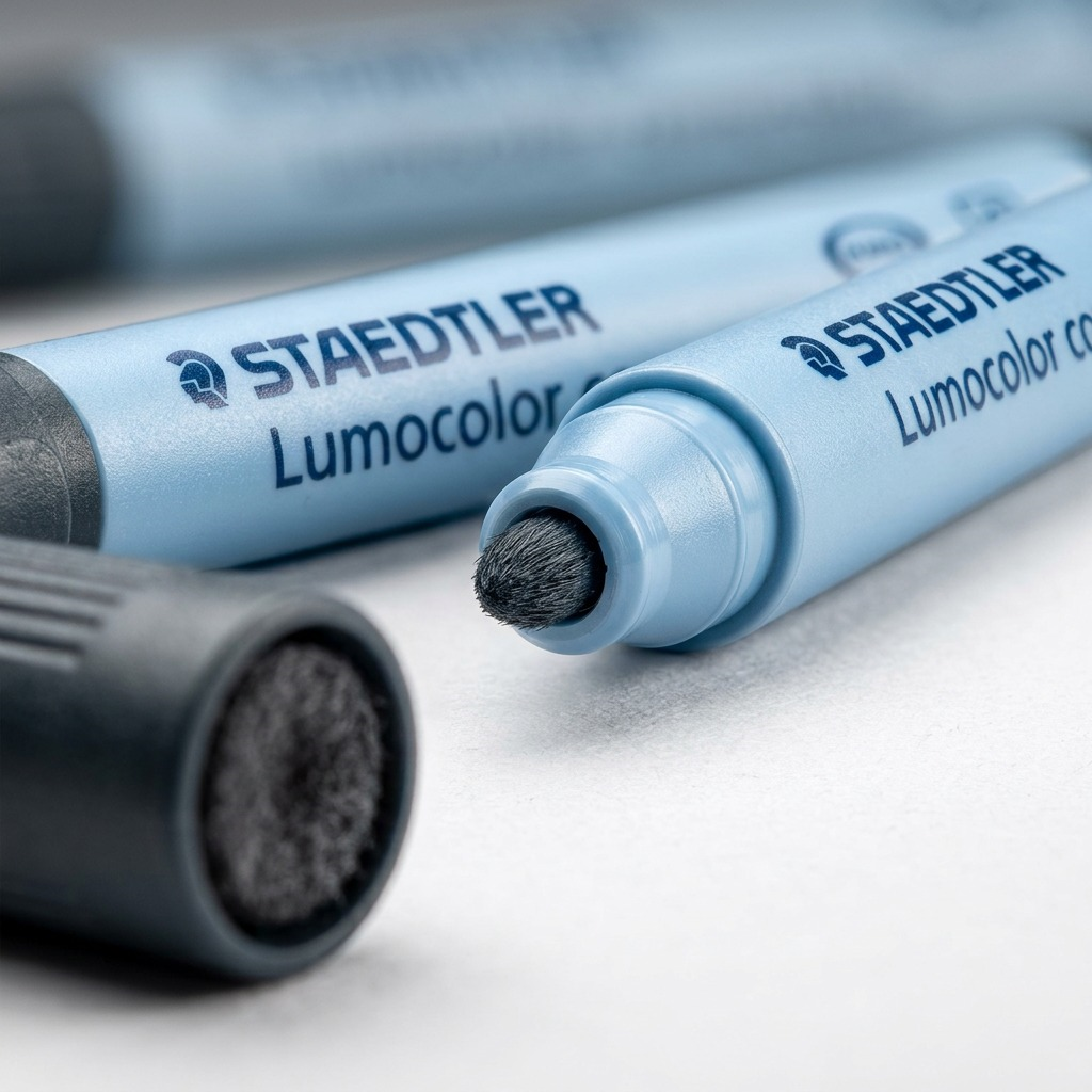 Macro shot showcasing the fine fiber tip, clear branding print, and precise cap fit of the STAEDTLER correctable marker.