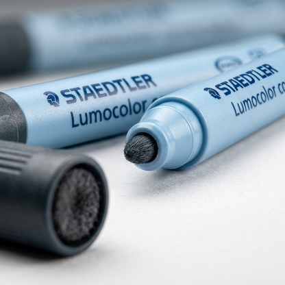 Macro shot showcasing the fine fiber tip, clear branding print, and precise cap fit of the STAEDTLER correctable marker.