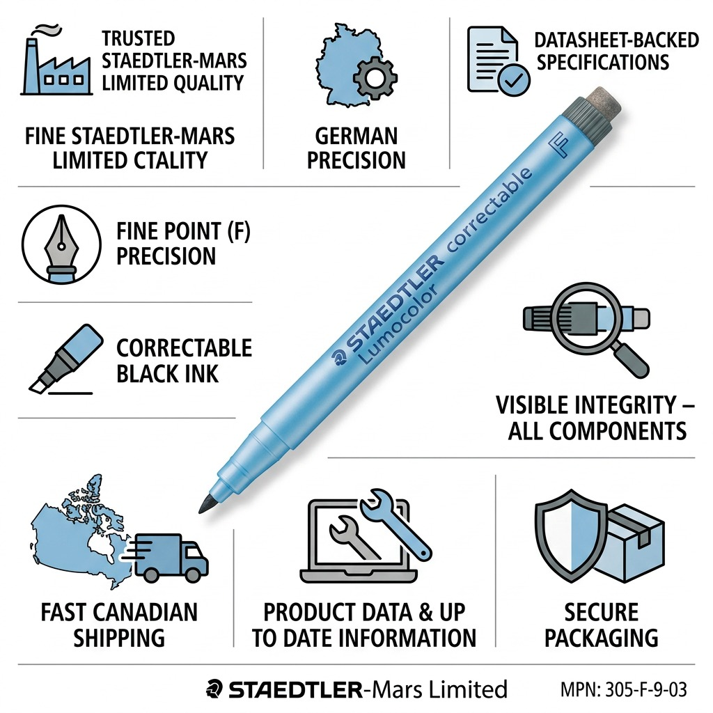 Infographic matrix for STAEDTLER markers featuring nine icons with descriptive text like "GERMAN PRECISION," "FINE POINT (F) PRECISION," and "FAST CANADIAN SHIPPING," centered around a detailed view of the blue marker and eraser cap from image_0.png.