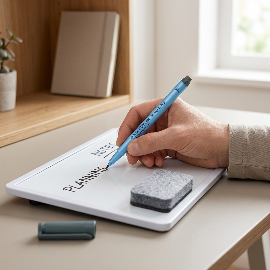 A realistic lifestyle photo of the STAEDTLER Lumocolor correctable marker being used to write cleanly on a small magnetic whiteboard, which also has an erased area showing.