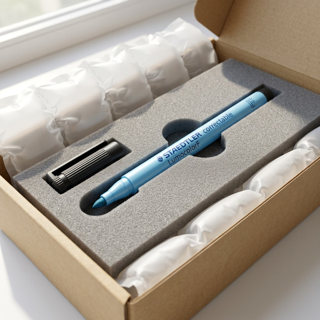 A Staedtler marker arrives secure in a padded box with foam inserts.