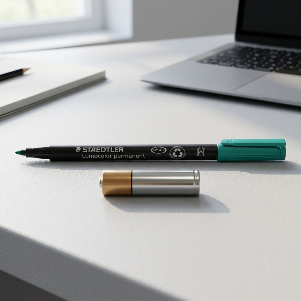 Scale matrix view of a green Lumocolor marker next to a standard AA battery.