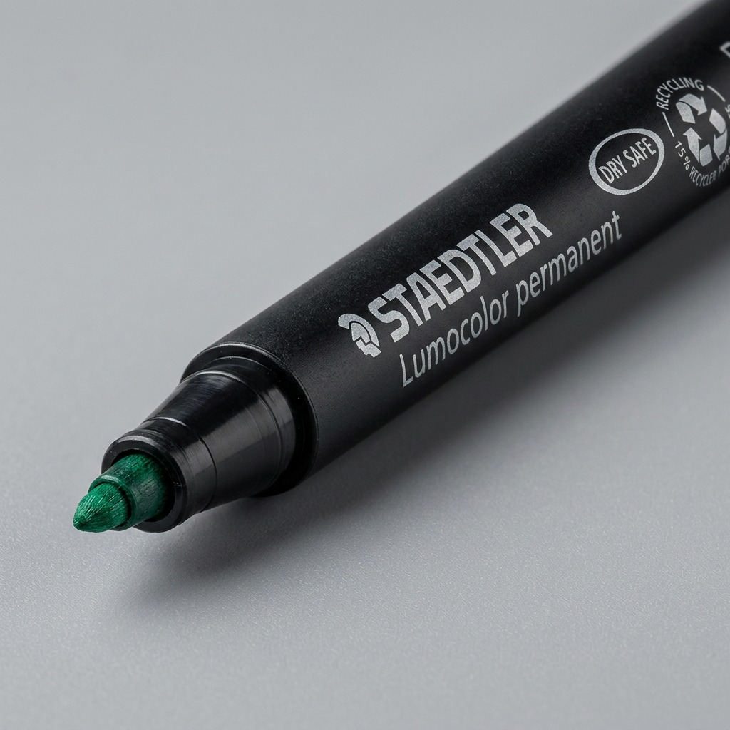 Macro photograph focusing on the fine-medium fiber tip of a Staedtler Lumocolor permanent green marker.
