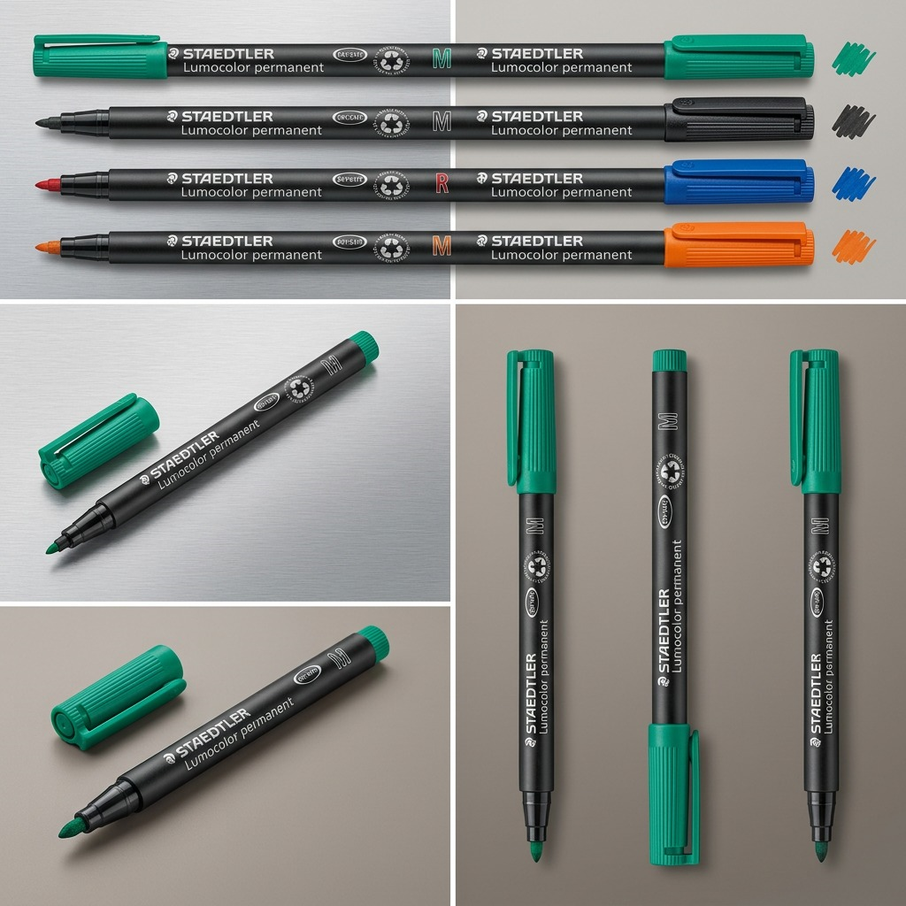 A grid showing the STAEDTLER Lumocolor M marker in five colors: green (the canonical reference), black, red, blue, and orange, displayed against a clean, light-colored background.