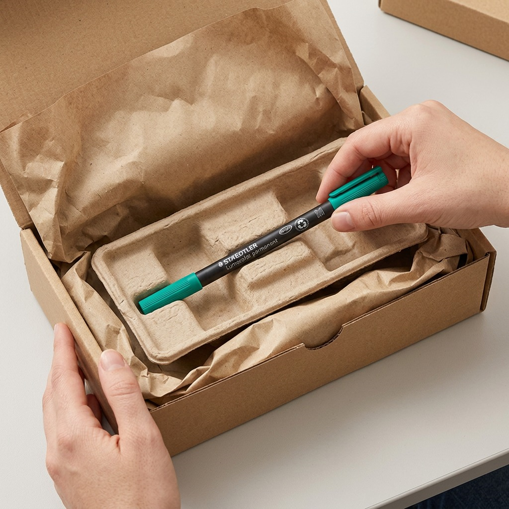 Unboxing of the black STAEDTLER Lumocolor marker with green cap from a secure cardboard box with padding.