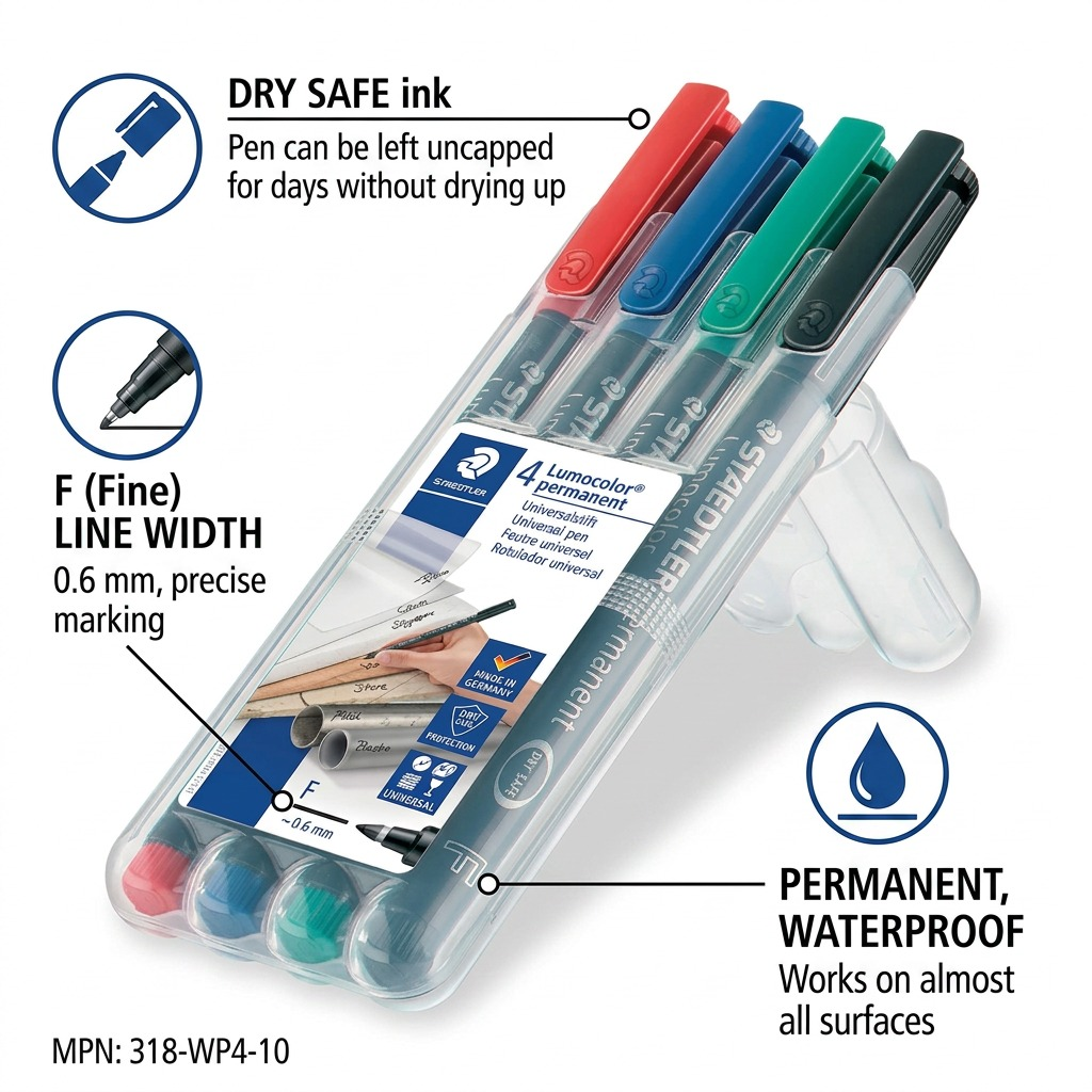 A feature callout image of the STAEDTLER permanent pen set, highlighting its key operational benefits.