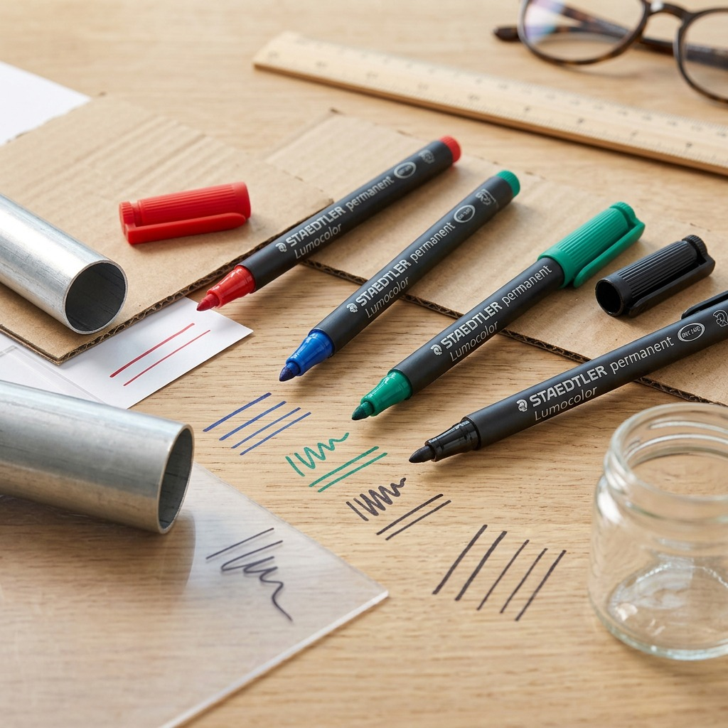 Lifestyle shot of four uncapped STAEDTLER Lumocolor permanent markers showing color and width test lines.