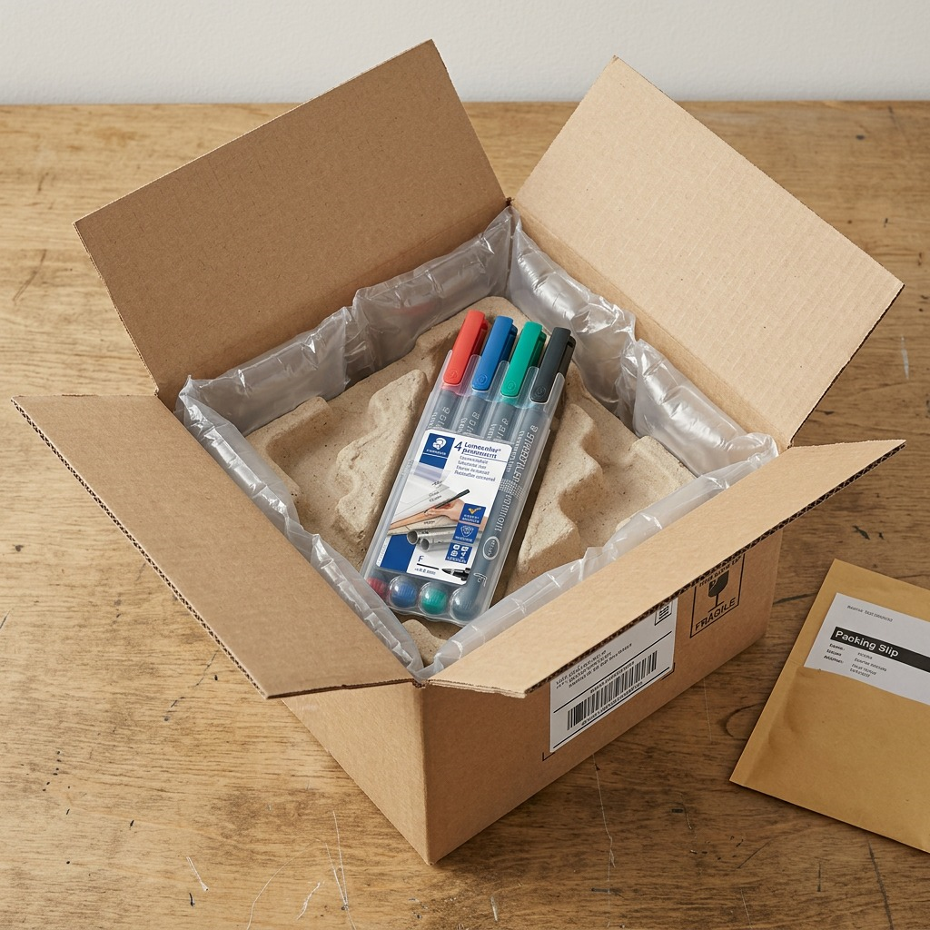 High-resolution photograph showing the undamaged STAEDTLER Lumocolor 4-pen set in its original blister pack, resting securely within protective bubble wrap and a sturdy shipping cardboard box. The focus is sharp on the intricate details of the marker set, confirming its authentic and perfect condition after transit. The neutral lighting and clean background emphasize the product's safety and quality, ready for use.