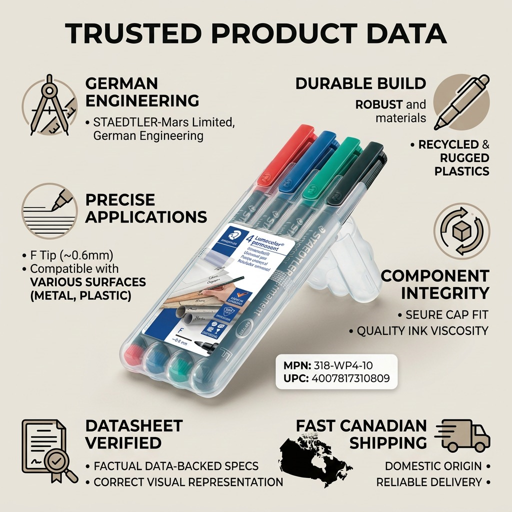 An infographic showing a Staedtler Lumocolor permanent pen set with trust cues: German engineering, precise application, robust materials, component integrity, datasheet verification, and fast Canadian shipping.
