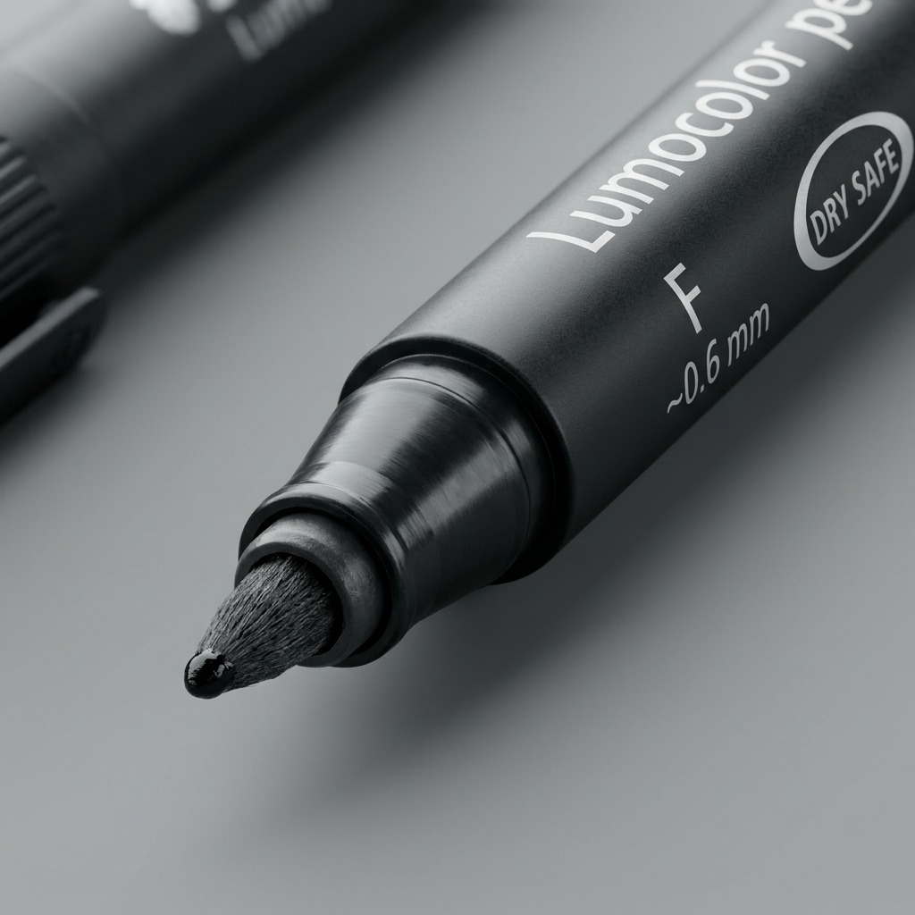 Extreme macro photo of the Staedtler marker's fine tip with white text detail on barrel.