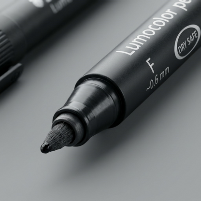 Extreme macro photo of the Staedtler marker's fine tip with white text detail on barrel.