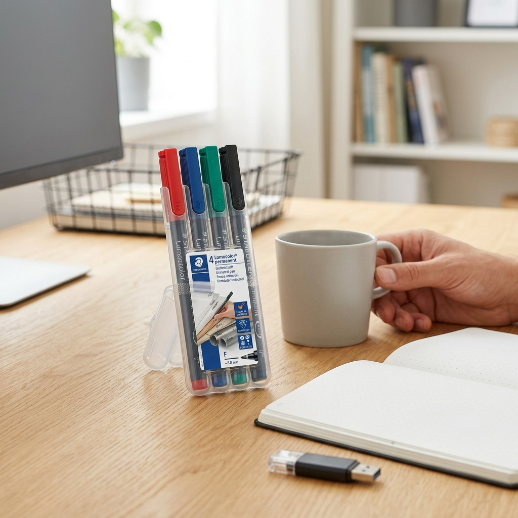 Two Staedtler 4-packs of Lumocolor markers on a white desk next to a tape dispenser for scale.