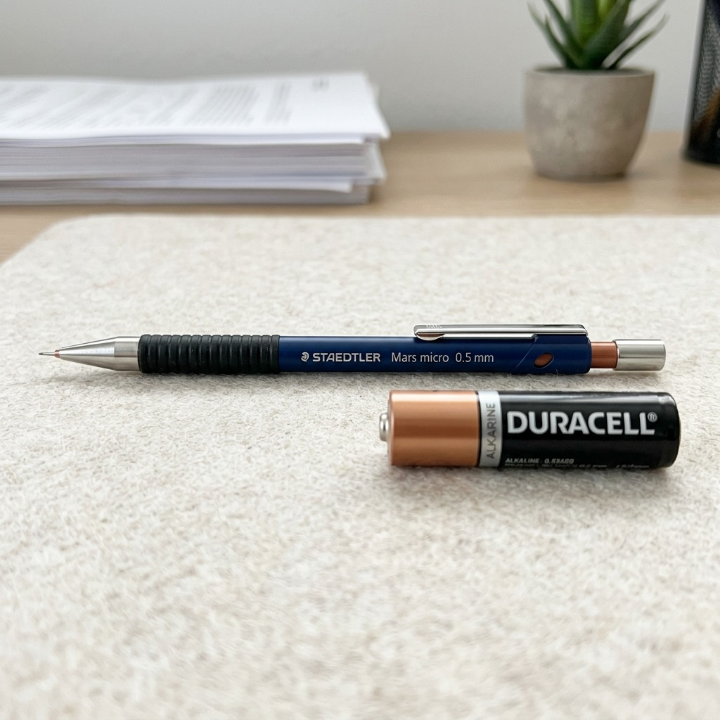 A photo of the Staedtler Mars micro 0.5mm.BL pencil beside a standard AA battery.