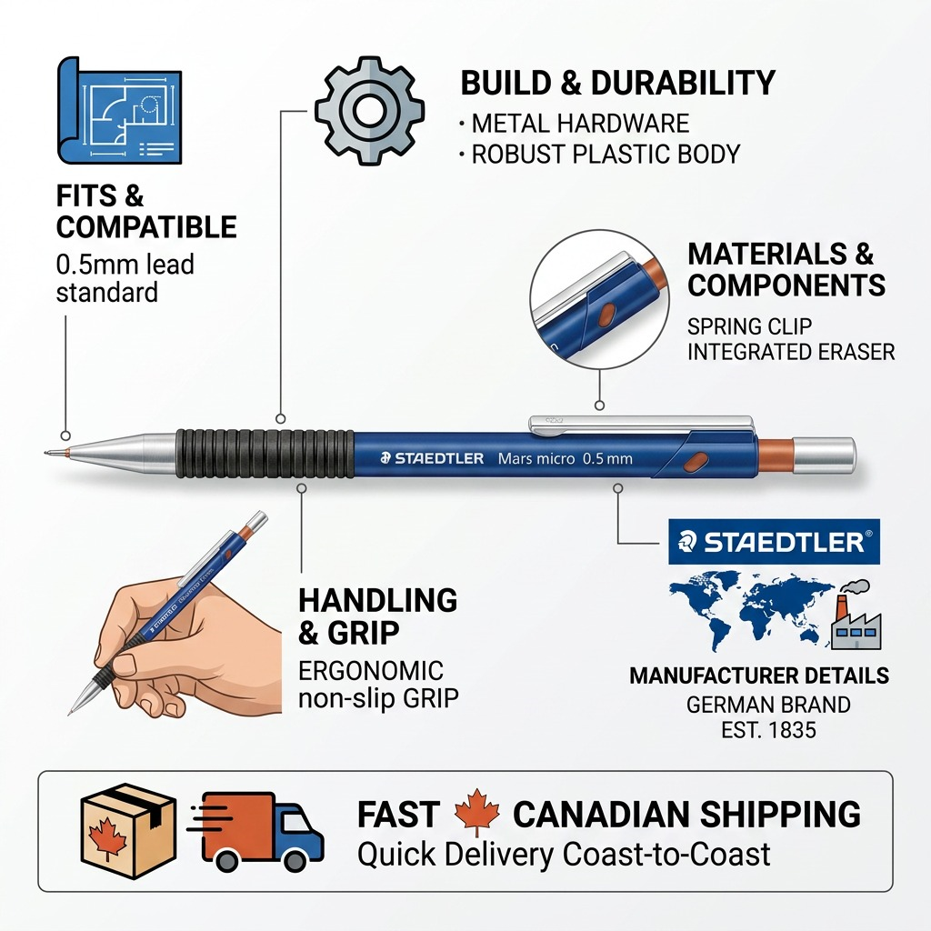 Infographic for STAEDTLER Mars micro 0.5mm pencil detailing build, grip, materials, and fast Canadian shipping.