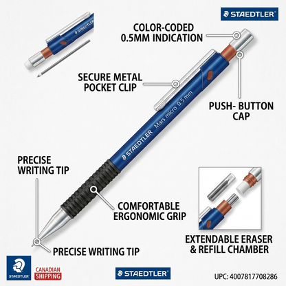 An infographic highlighting features of the STAEDTLER Mars micro 0.5mm, including its tip, grip, clip, and refill chamber.