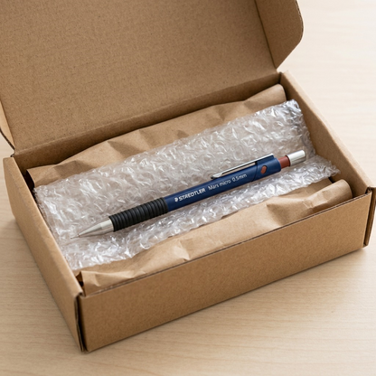 Unboxing a STAEDTLER Mars micro 0.5mm, safely nestled in protective packaging within a box.